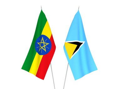 Beyaz arka planda Etiyopya ve Saint Lucia 'nın ulusal kumaş bayrakları izole edildi. 3d resimleme.