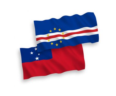 Beyaz arka planda bağımsız Samoa Eyaleti ve Cabo Verde Cumhuriyeti 'nin ulusal taşıyıcı kumaş bayrakları izole edildi. 1 'e 2 oranında.