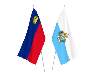 Beyaz arka planda San Marino ve Lihtenştayn 'ın ulusal kumaş bayrakları izole edildi. 3d resimleme.