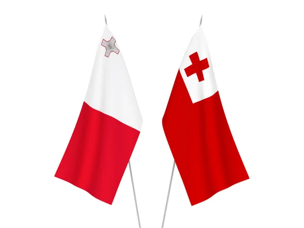 Bandeiras Tecido Nacional Reino Tonga Malta Isoladas Fundo Branco Ilustração — Fotografia de Stock