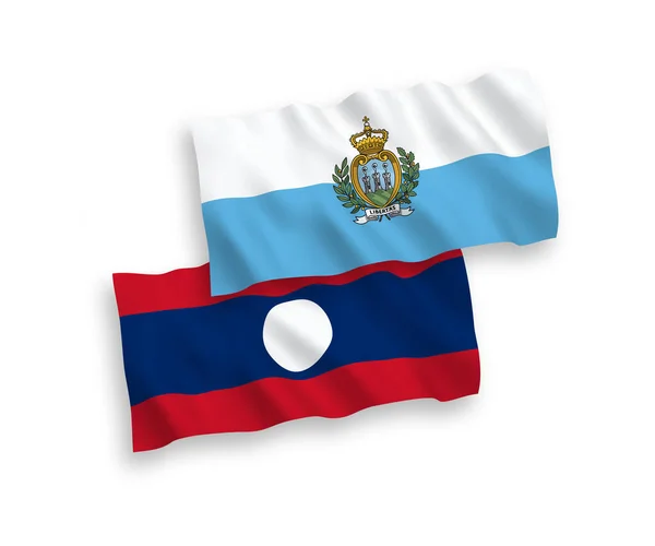 Bandeiras Tecido Vetorial Nacional San Marino Laos Isoladas Fundo Branco — Vetor de Stock