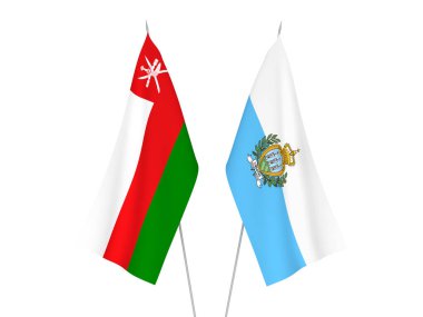 Beyaz arka planda San Marino 'nun ulusal kumaş bayrakları ve Umman Sultanlığı izole edildi. 3d resimleme.