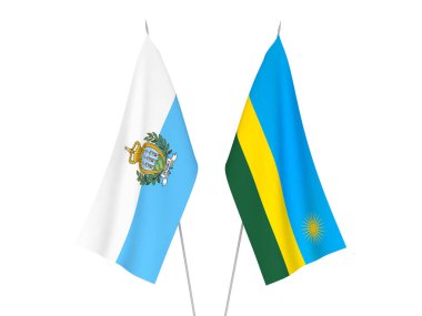 Beyaz arka planda San Marino ve Ruanda Cumhuriyeti 'nin ulusal kumaş bayrakları izole edildi. 3d resimleme.