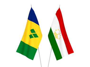 Beyaz arka planda Tacikistan, Saint Vincent ve Grenadinler 'in ulusal kumaş bayrakları izole edildi. 3d resimleme.