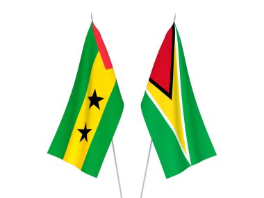Beyaz arka planda Saint Thomas ve Prince ve Kooperatif Cumhuriyeti 'nin ulusal kumaş bayrakları izole edildi. 3d resimleme.