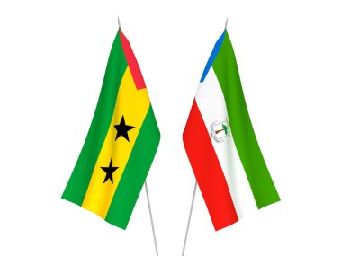 Beyaz arka planda Aziz Thomas, Prens ve Ekvator Ginesi Cumhuriyeti 'nin ulusal kumaş bayrakları izole edildi. 3d resimleme.