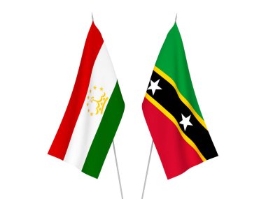 Beyaz arka planda Tacikistan 'ın ulusal kumaş bayrakları ve Saint Christopher Federasyonu ve Nevis izole edilmiş. 3d resimleme.