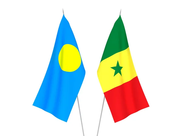 stock image National fabric flags of Palau and Republic of Senegal isolated on white background. 3d rendering illustration.