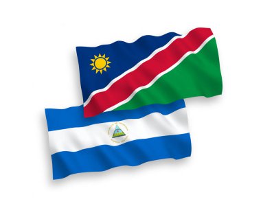 Beyaz arka planda, Nikaragua ve Namibya Cumhuriyeti 'nin ulusal taşıyıcı kumaş bayrakları izole edildi. 1 'e 2 oranında.