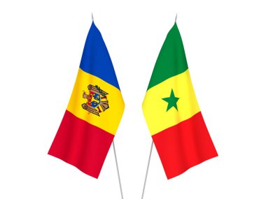Senegal Cumhuriyeti ve Moldova 'nın ulusal kumaş bayrakları beyaz arka planda izole edildi. 3d resimleme.