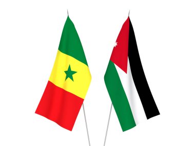 Senegal Cumhuriyeti 'nin ulusal kumaş bayrakları ve Ürdün' ün Haşim Krallığı beyaz arka planda izole edildi. 3d resimleme.