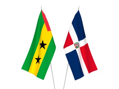 Beyaz arka planda Saint Thomas, Prince ve Dominik Cumhuriyeti 'nin ulusal kumaş bayrakları izole edildi. 3d resimleme.