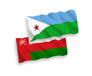 Umman Sultanlığı ve Cibuti Cumhuriyeti 'nin ulusal taşıyıcı kumaş bayrakları beyaz arka planda izole edildi. 1 'e 2 oranında.