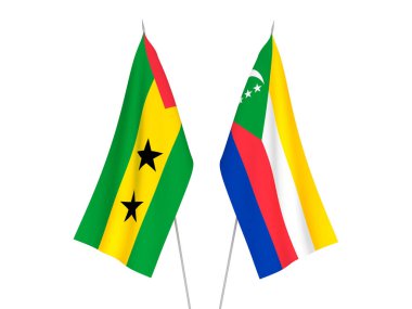 Beyaz arka planda Saint Thomas, Prince ve Union of the Comoros bayrakları izole edildi. 3d resimleme.