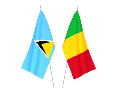 Beyaz arka planda Mali ve Saint Lucia 'nın ulusal kumaş bayrakları izole edildi. 3d resimleme.