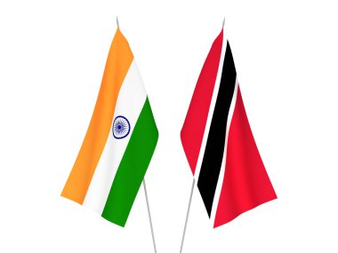 Beyaz arka planda Hindistan ve Trinidad Cumhuriyeti ve Tobago 'nun ulusal kumaş bayrakları izole edildi. 3d resimleme.