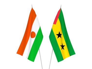 Beyaz arka planda Aziz Thomas, Prens ve Nijer Cumhuriyeti 'nin ulusal kumaş bayrakları izole edildi. 3d resimleme.