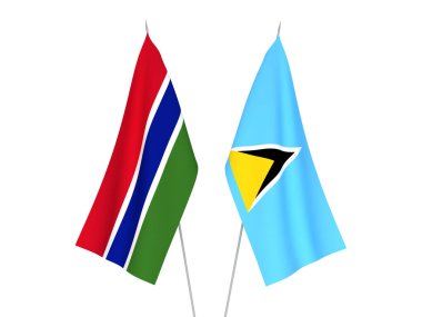 Gambiya Cumhuriyeti ve Saint Lucia bayrakları beyaz arka planda izole edildi. 3d resimleme.