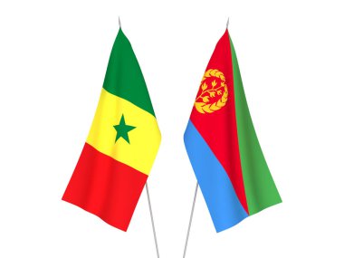 Senegal Cumhuriyeti ve Eritre 'nin ulusal kumaş bayrakları beyaz arka planda izole edildi. 3d resimleme.