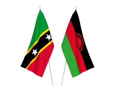 Beyaz arka planda Saint Christopher, Nevis ve Malawi Federasyonu bayrakları izole edildi. 3d resimleme.