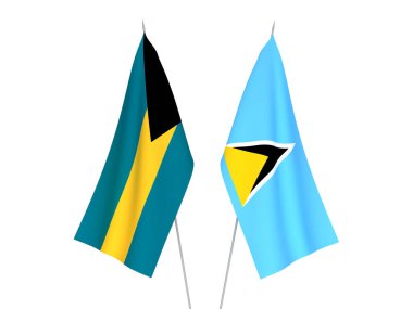 Bahamalar Eyaleti 'nin ulusal kumaş bayrakları ve beyaz arka planda izole edilmiş Saint Lucia. 3d resimleme.