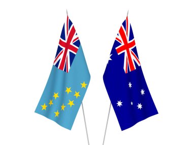 Avustralya ve Tuvalu 'nun ulusal kumaş bayrakları beyaz arka planda izole edildi. 3d resimleme.