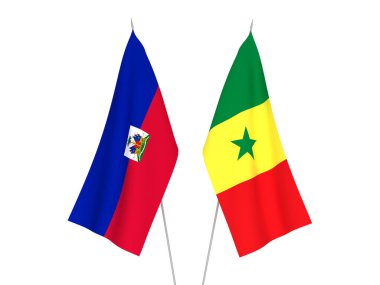 Beyaz arka planda Senegal Cumhuriyeti ve Haiti Cumhuriyeti 'nin ulusal kumaş bayrakları izole edildi. 3d resimleme.
