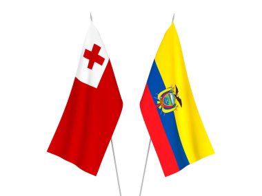 Beyaz arka planda Ekvador ve Tonga Krallığı 'nın ulusal kumaş bayrakları izole edildi. 3d resimleme.