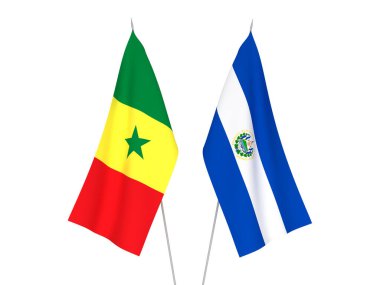Senegal Cumhuriyeti ve El Salvador Cumhuriyeti bayrakları beyaz arka planda izole edilmiştir. 3d resimleme.