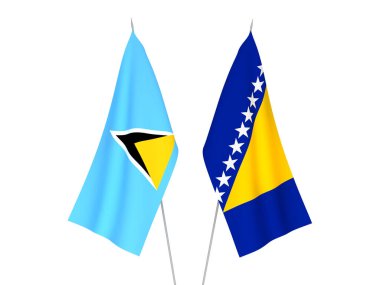 Bosna-Hersek ve Saint Lucia 'nın ulusal kumaş bayrakları beyaz arka planda izole edildi. 3d resimleme.