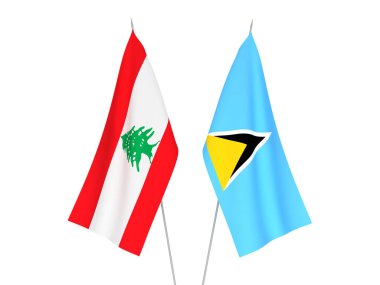 Beyaz arka planda Lübnan ve Saint Lucia 'nın ulusal kumaş bayrakları izole edildi. 3d resimleme.