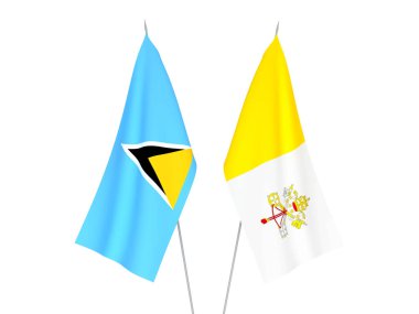 Beyaz arka planda Vatikan ve Saint Lucia 'nın ulusal kumaş bayrakları izole edildi. 3d resimleme.