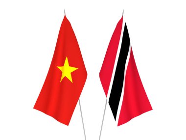 Beyaz arka planda Vietnam ve Trinidad Cumhuriyeti ve Tobago 'nun ulusal kumaş bayrakları izole edildi. 3d resimleme.