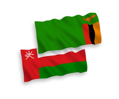 Umman Sultanlığı ve Zambiya Cumhuriyeti 'nin bayrakları beyaz arka planda izole edilmiş. 1 'e 2 oranında.