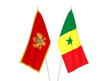 Senegal ve Karadağ 'ın ulusal kumaş bayrakları beyaz arka planda izole edildi. 3d resimleme.