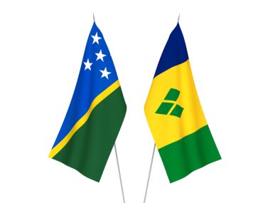 Beyaz arka planda Saint Vincent, Grenadinler ve Solomon Adaları 'nın ulusal kumaş bayrakları var. 3d resimleme.