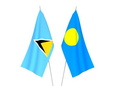 Beyaz arka planda Palau ve Saint Lucia 'nın ulusal kumaş bayrakları izole edildi. 3d resimleme.