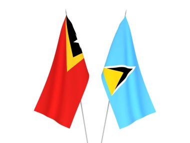 Beyaz arka planda Doğu Timor ve Saint Lucia 'nın ulusal kumaş bayrakları izole edildi. 3d resimleme.