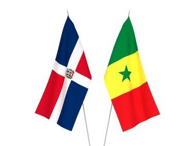 Senegal Cumhuriyeti ve Dominik Cumhuriyeti bayrakları beyaz arka planda izole edildi. 3d resimleme.