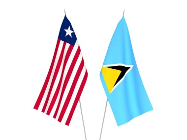 Beyaz arka planda Saint Lucia ve Liberya 'nın ulusal kumaş bayrakları izole edildi. 3d resimleme.