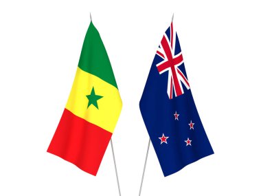 Senegal Cumhuriyeti ve Yeni Zelanda 'nın bayrakları beyaz arka planda izole edildi. 3d resimleme.
