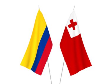 National fabric flags of Colombia and Kingdom of Tonga isolated on white background. 3d rendering illustration.