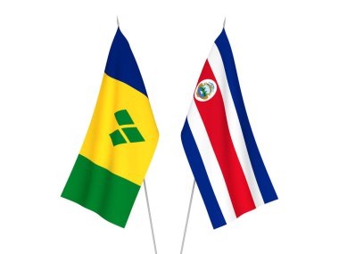 National fabric flags of Saint Vincent and the Grenadines and Republic of Costa Rica isolated on white background. 3d rendering illustration.