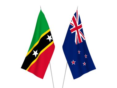 National fabric flags of Federation of Saint Christopher and Nevis and New Zealand isolated on white background. 3d rendering illustration.