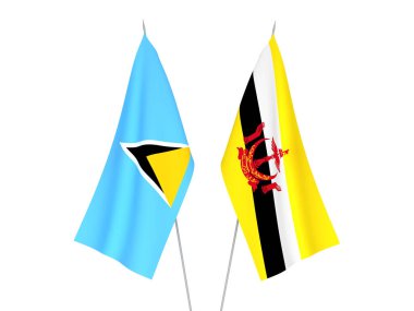 National fabric flags of Saint Lucia and Brunei isolated on white background. 3d rendering illustration.