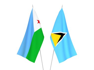 National fabric flags of Saint Lucia and Republic of Djibouti isolated on white background. 3d rendering illustration.