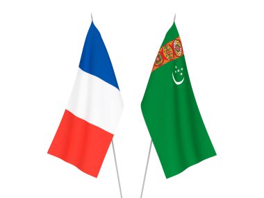 National fabric flags of France and Turkmenistan isolated on white background. 3d rendering illustration.
