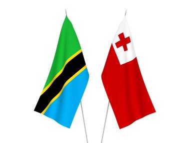 National fabric flags of Tanzania and Kingdom of Tonga isolated on white background. 3d rendering illustration.