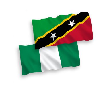 National vector fabric wave flags of Federation of Saint Christopher and Nevis and Nigeria isolated on white background. 1 to 2 proportion.