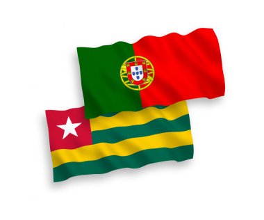 National vector fabric wave flags of Portugal and Togolese Republic isolated on white background. 1 to 2 proportion.